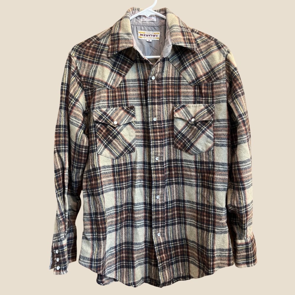 Mervyns Western Flannel Top Men M Tan Brown Plaid Wool Blend Pearl Snap Vintage
